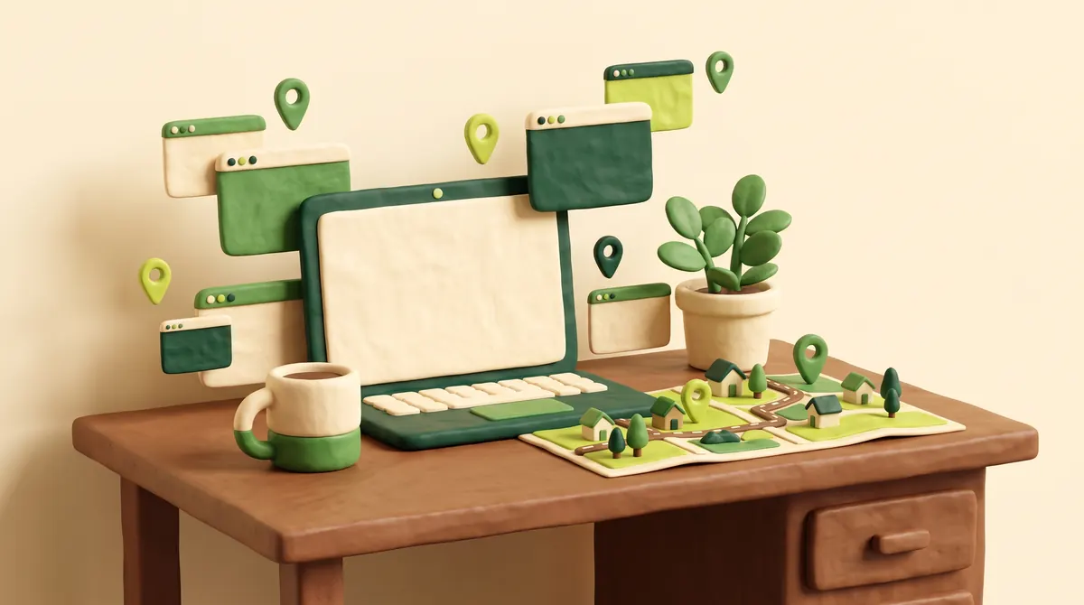 A desk with a laptop surrounded by many small local websites on a map