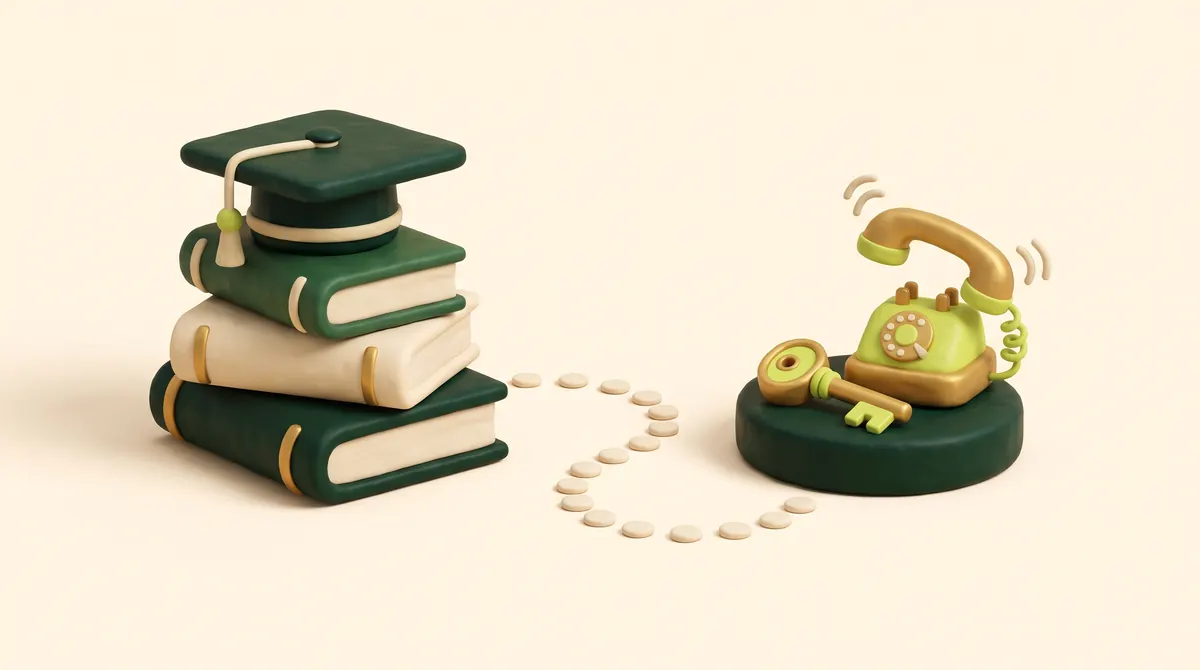 A stack of books and a graduation cap beside a key and a ringing phone