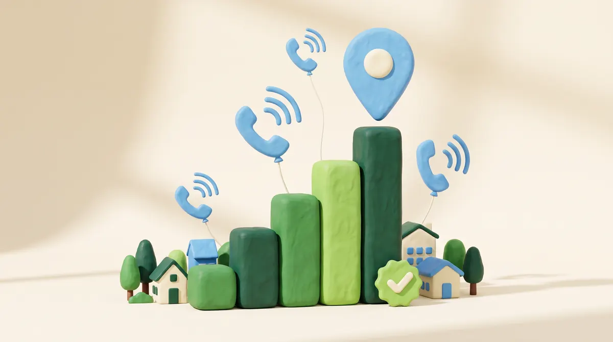 A rising chart growing out of a small town, with phone calls floating up