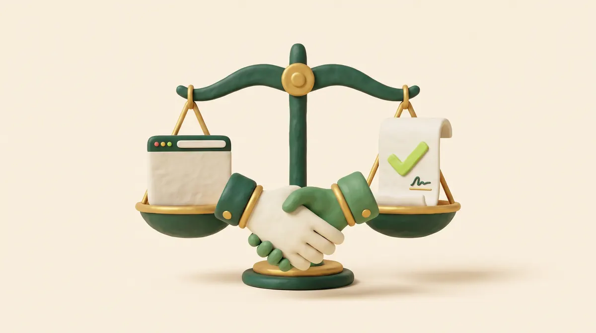 Scales balancing a website and a signed agreement, with a handshake
