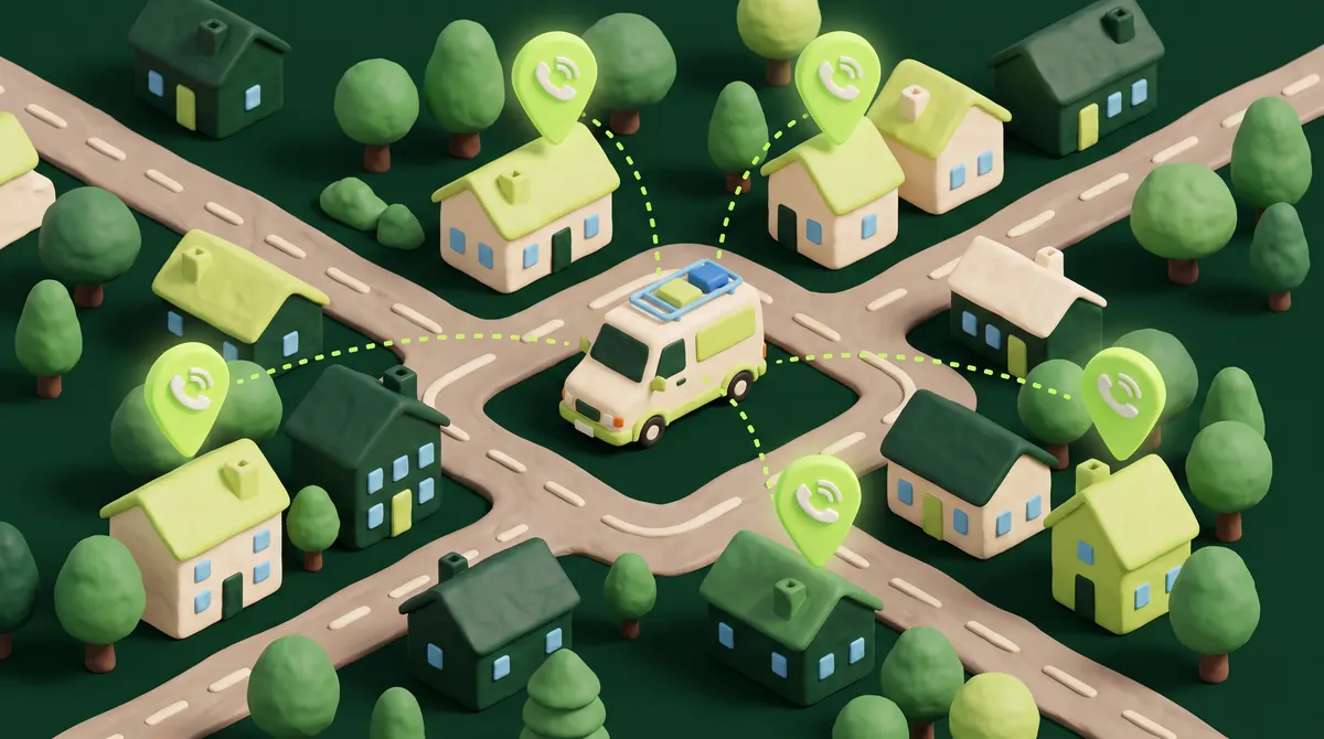 A small town from above, with homes linked to a tradesman's van by call pins
