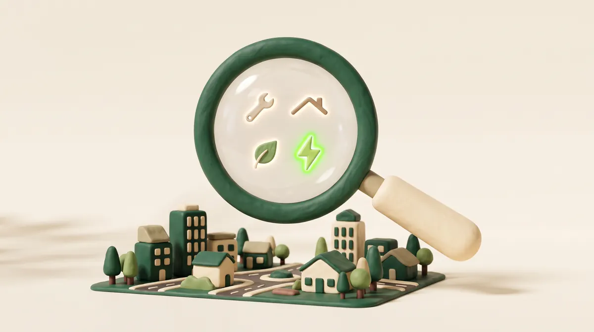 A magnifying glass over a small town, showing service symbols
