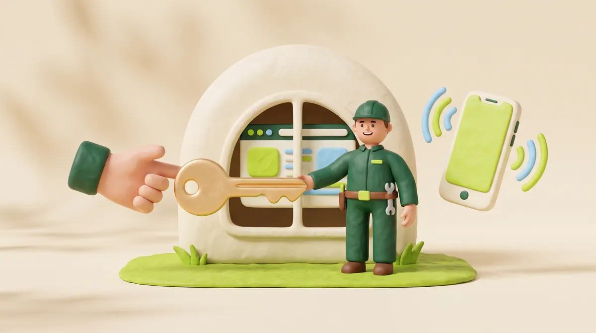 A key to a small website-shaped house handed to a local tradesman, with a phone ringing