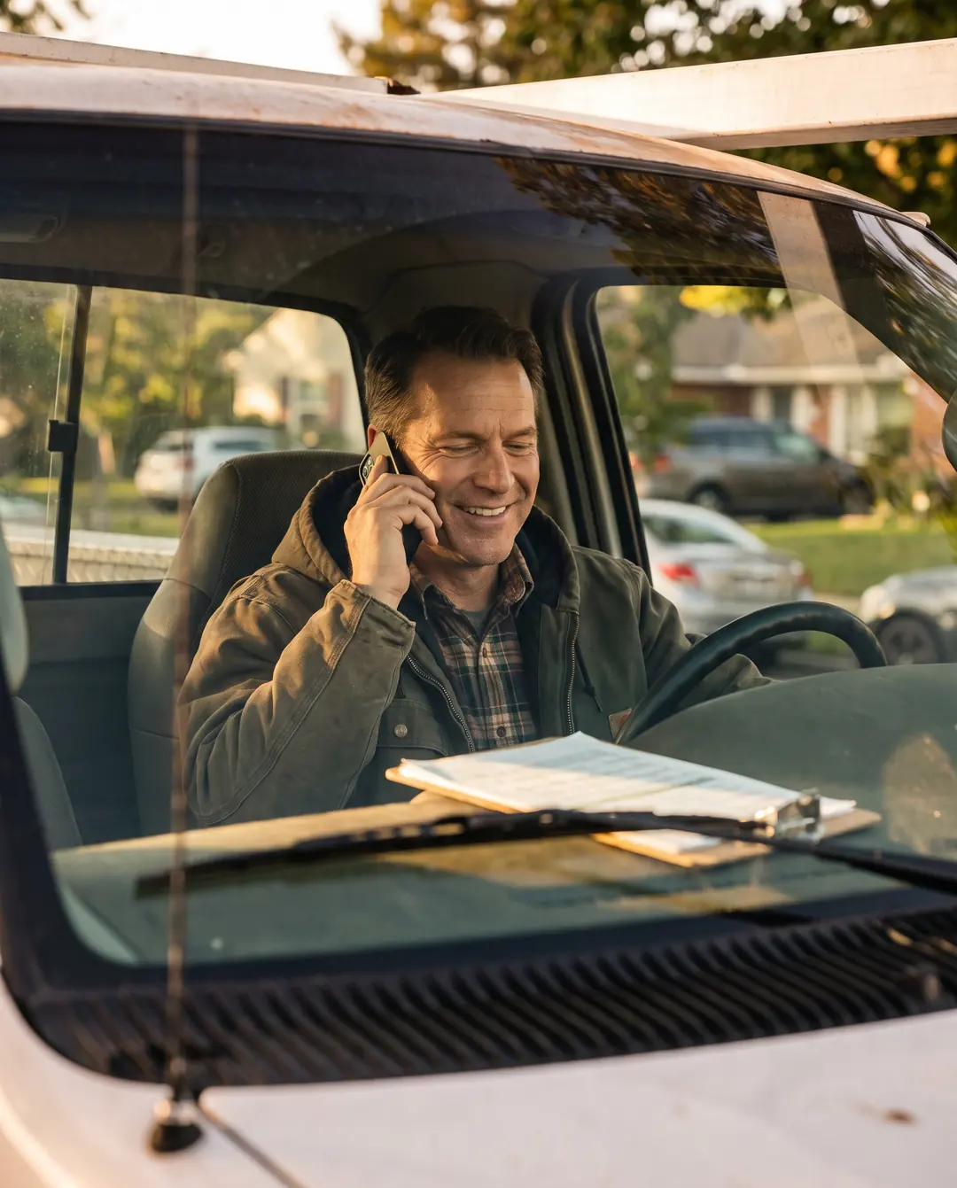 A roofing contractor in his van, smiling as he answers a call