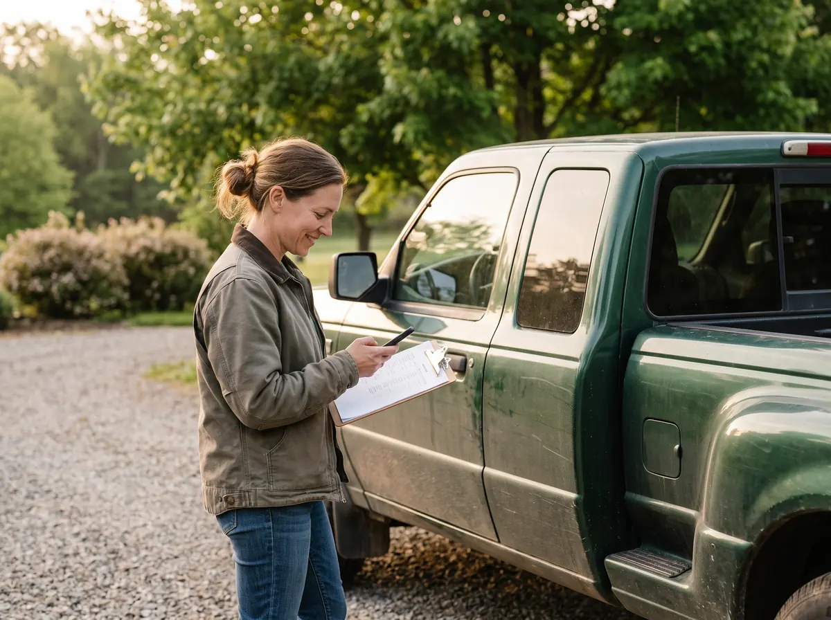 A plumbing business owner beside her truck, checking her job list