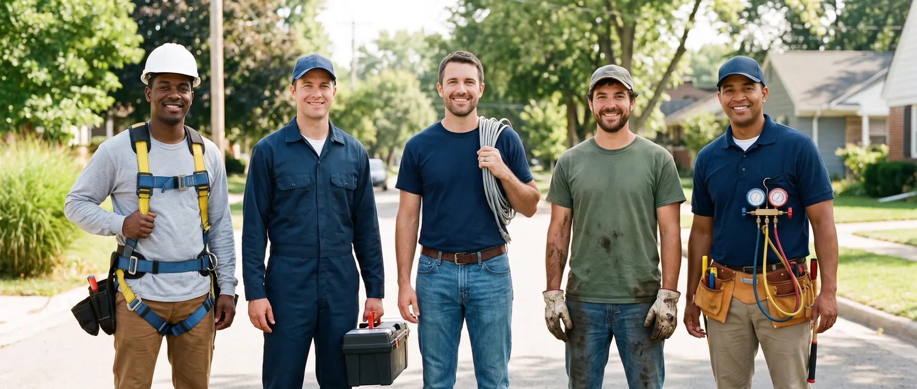 Five local tradespeople side by side on a suburban street